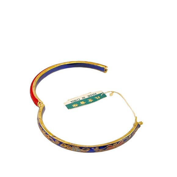 Chinese Export 1970s Enameled Cloisonne Cinnabar Hinged Bracelet Red Blue - Picture 4 of 4